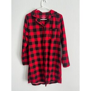 Pajamarama Womens Red Black Buffalo Plaid Nightshirt Button Front Pajamas Small